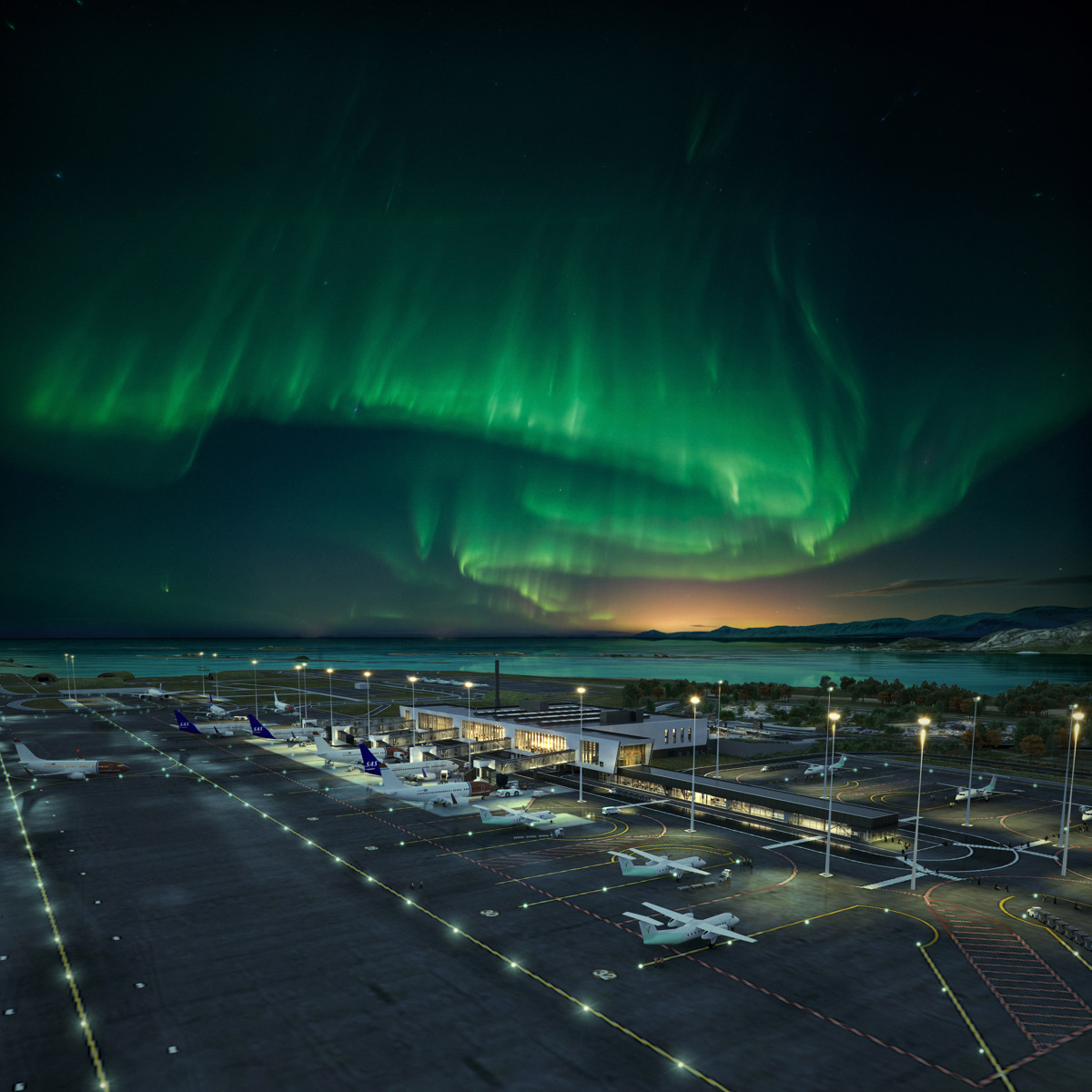 Nordlys lyser opp en moderne flyplass om natten, med fly på rullebanen og et fjellandskap i bakgrunnen