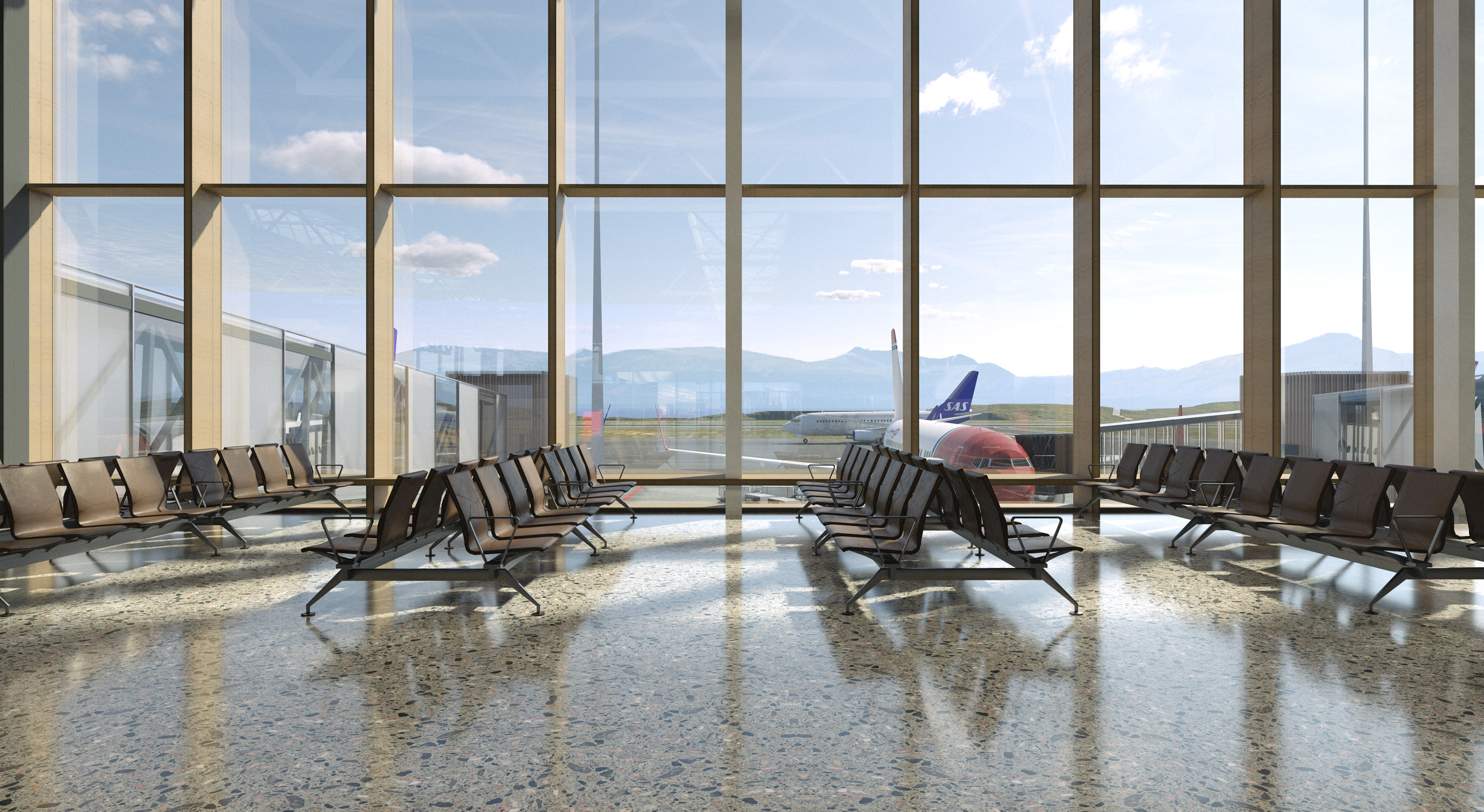Romslig venteområde på flyplassterminalen med rader av tomme seter vendt mot store vinduer, som tilbyr utsikt over et stillestående fly på en klar dag