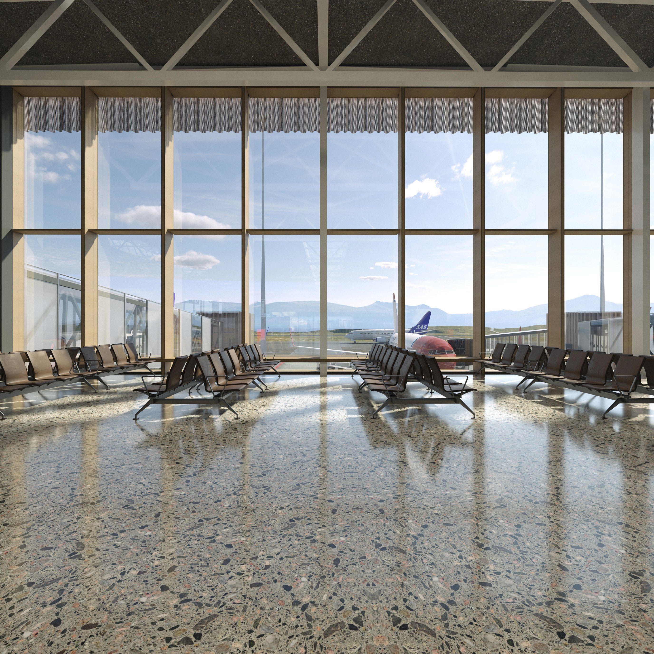 Spacious airport terminal waiting area with rows of empty seats facing large windows, offering a view of a stationary airplane on a clear day
