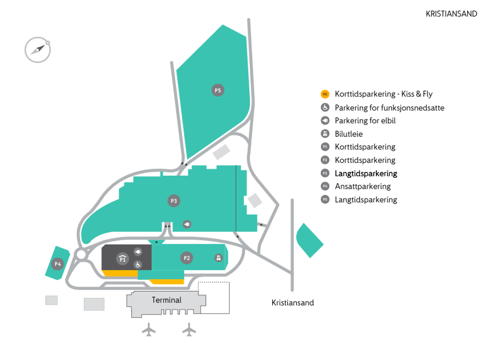 kart over parkeringsområda på kristiansand lufthamn