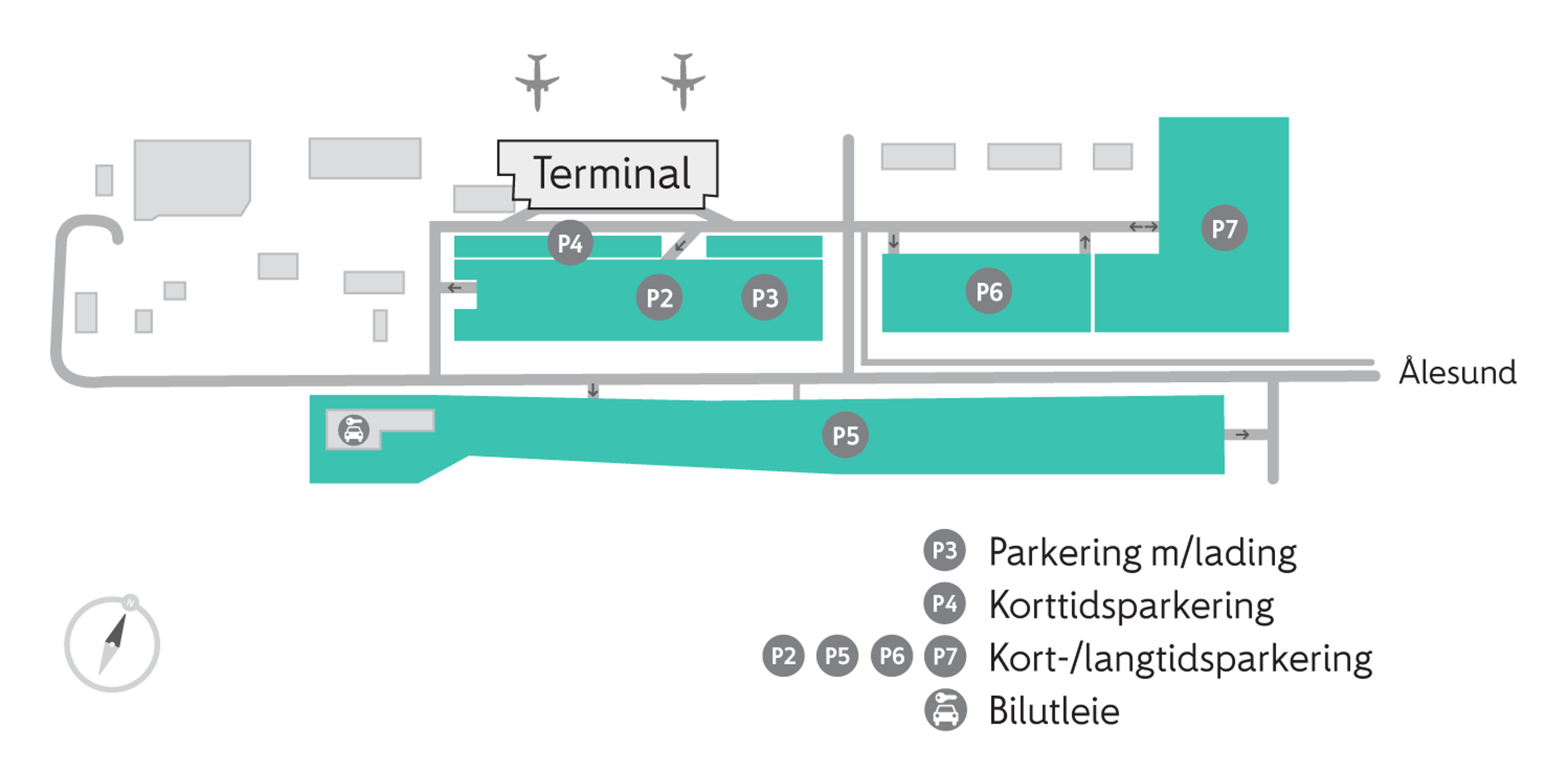 Aerial map of Ålesund Airport showcasing parking areas P2 through P7 with designations for short-term, long-term, and electric car charging spots, along with rental car section. Terminal marked near runways