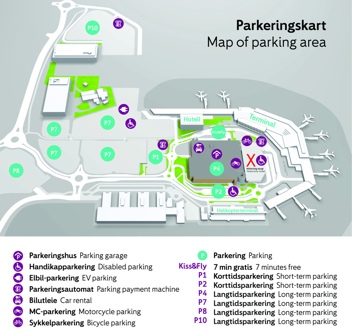Kart over parkeringsområda på stavanger lufthamn sola