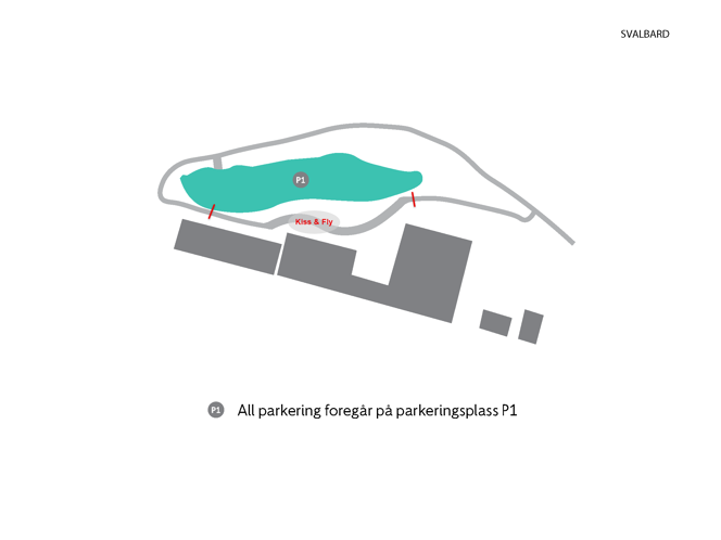Kart over parkeringsplass P1 på Svalbard med markering for «Kiss & Fly»