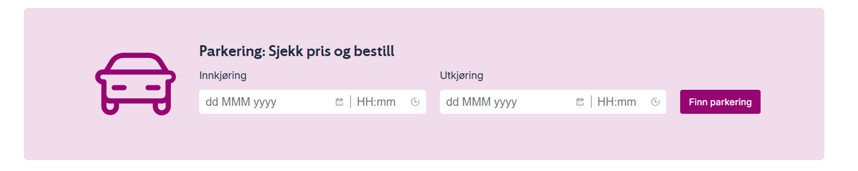 Parking reservation form with date and time selector for entry and exit, and a 