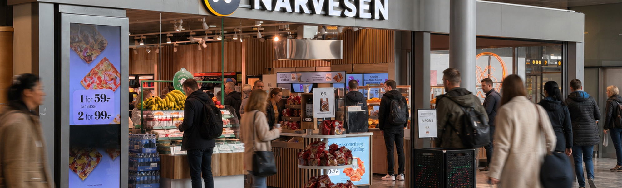 Moderne WHSmith-kiosk på en flyplass som tilbyr dagligvarer, snacks og drikkevarer under livlig belysning