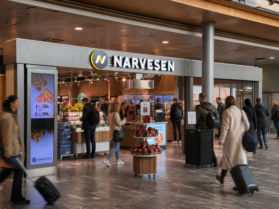 Moderne WHSmith-kiosk på en flyplass som tilbyr dagligvarer, snacks og drikkevarer under livlig belysning