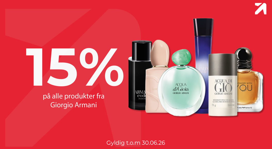 Rød bakgrunn med ulike parfymer 15 % rabatt på Giorgio Armani hele juni