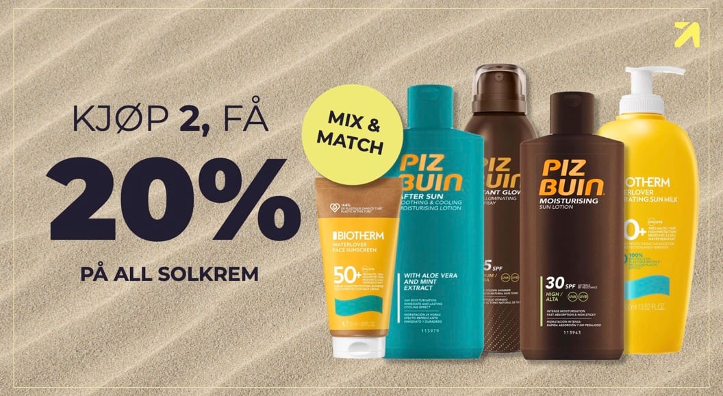 kjøp 2, få 20 % på solkrem 