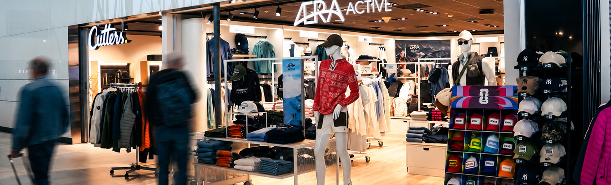 Exterior view of Aera Active clothing store, showcasing mannequins dressed in outdoor apparel and vibrant winter clothing, with well-organized shelves and racks displaying various fashion items inside the modern retail space