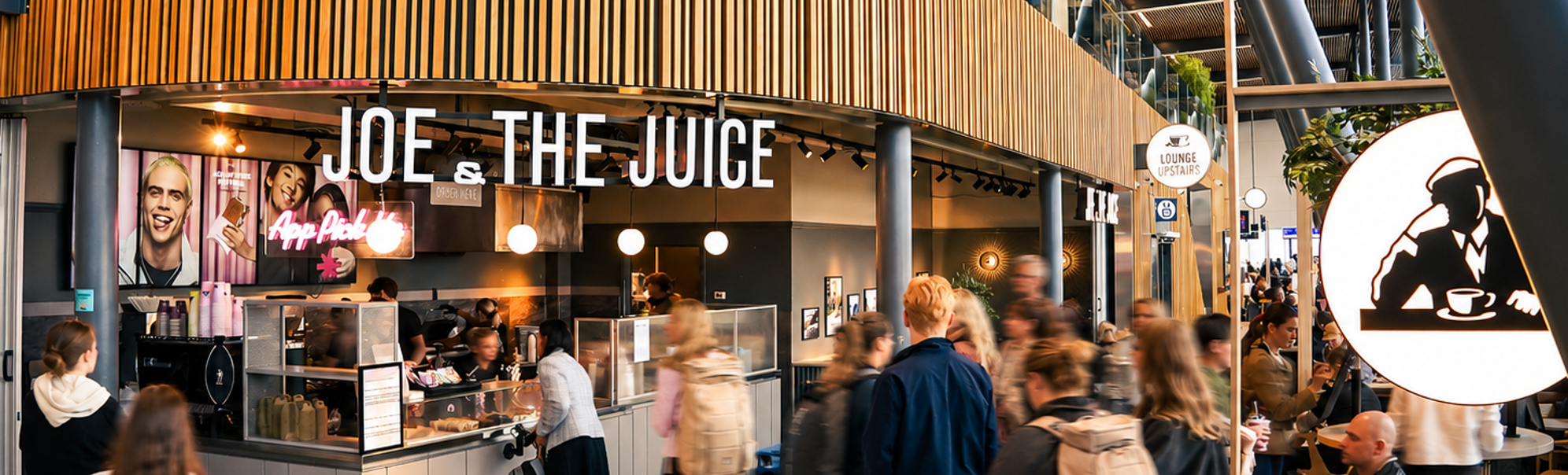 Assorted Joe & The Juice products including sandwiches, croissants, porridge, juices, açaí bowls, and coffee on a white background with pink packaging and still water bottles