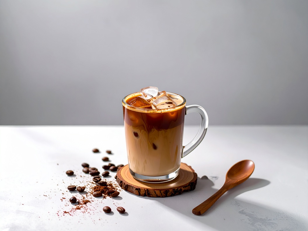 Iced coffee in a clear glass mug filled with ice cubes, on a wooden coaster, surrounded by scattered coffee beans and a wooden spoon on a white surface