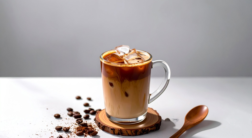 Iced coffee with a layer of milk in a clear mug on a wooden coaster, surrounded by coffee beans and powder, with a wooden spoon on a white surface