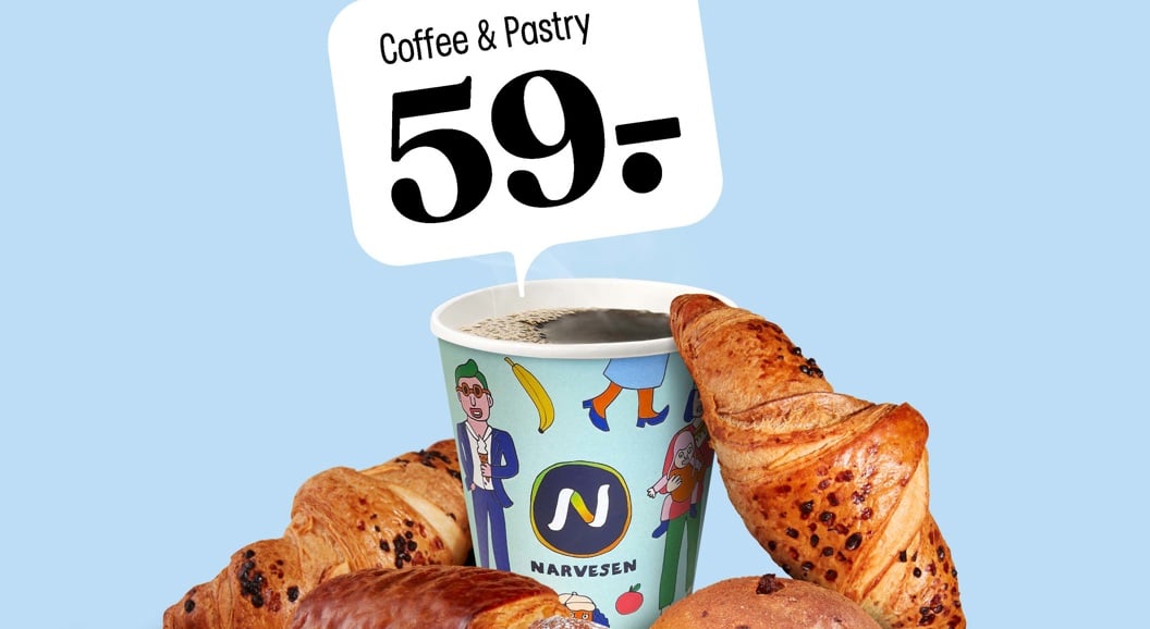 Coffee and pastry offer at Narvesen with assorted baked goods and a hot drink for 59. Bright background highlights tempting pastries and special deal