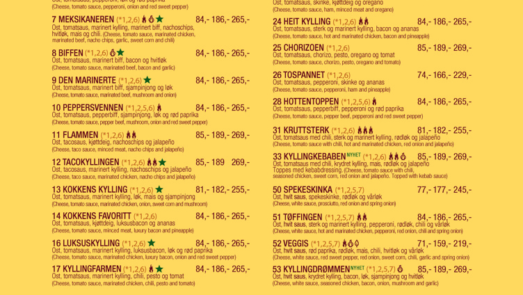 Meny fra Pizzabakeren med forskjellige pizzatyper og priser. Pizzautvalget inkluderer varianter som "Den Enkle," "Kves," "Drommen," blant andre. Menyen viser forskjellige størrelser og priser for hver pizza. Nybakte bunner er tilgjengelig hver dag. Ekstra valg som glutenfri bunn og forskjellige dressinger tilbys også