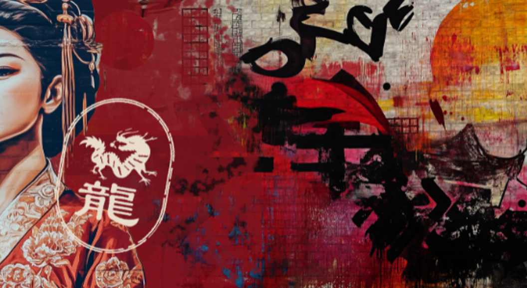 Kunstverk med japansk-inspirert motiv, inkludert kvinne i tradisjonell kimono, dragelogo og abstrakt fargerik bakgrunn