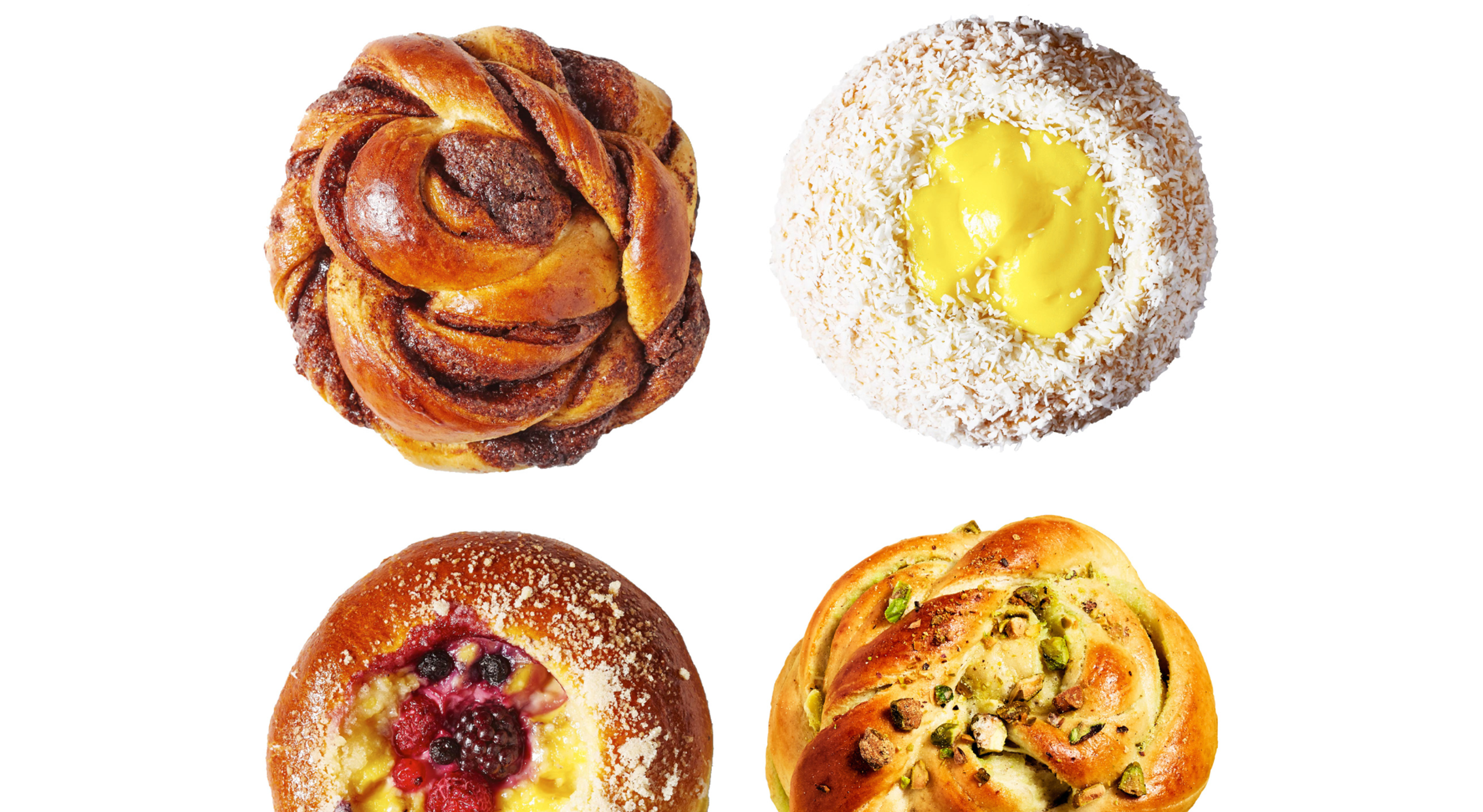 Fire bakverk fra BIT for 136 kroner; inkludert kanelbolle, bolle med vaniljekrem, bolle med bær, og pistasjkanelbolle