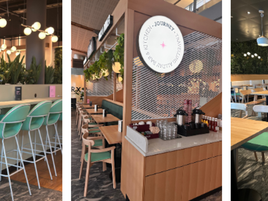 Modern café and dining area with stylish seating, greenery, and ambient lighting, featuring sections for coffee and breakfast, as well as lunch and dinner