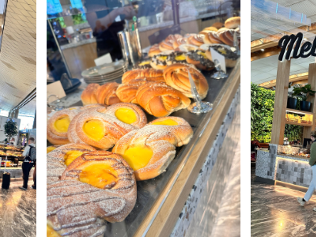 Moderne bakeri og kafé med utstilling av ferske bakverk, kunder som bestiller ved disken, et vennlig skilt "Mel," og en barista som tilbereder kaffe. Lys, moderne interiør med en livlig atmosfære