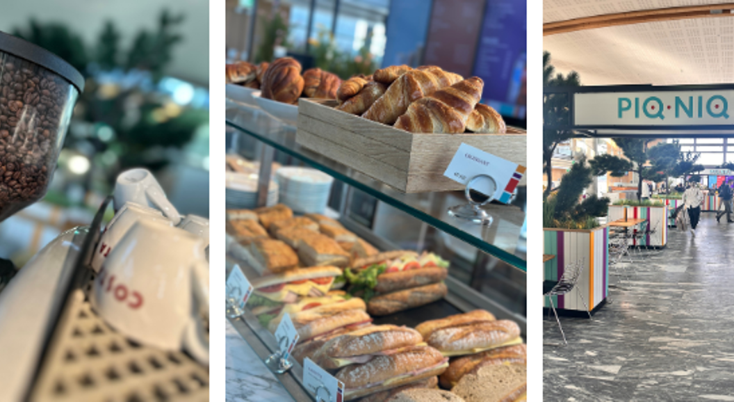 Restaurant PiQniQ med fargerike stolar, kaffebønner, ferske bakervarer og grønne planter