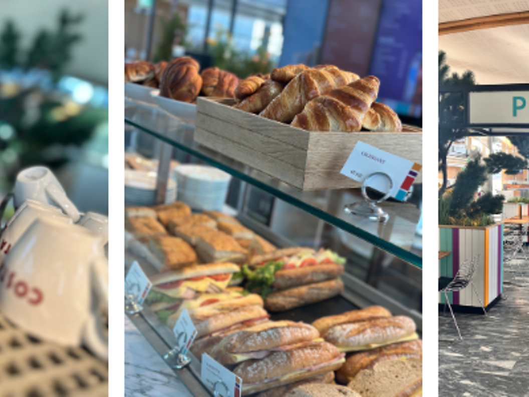 Fargerikt moderne kaféinteriør med skiltet "PIQNIO" og livlige krakker, et nærbilde av en kaffekvern og kopper, ferske bakverk og sandwicher, og dekorative planter som forsterker den innbydende atmosfæren