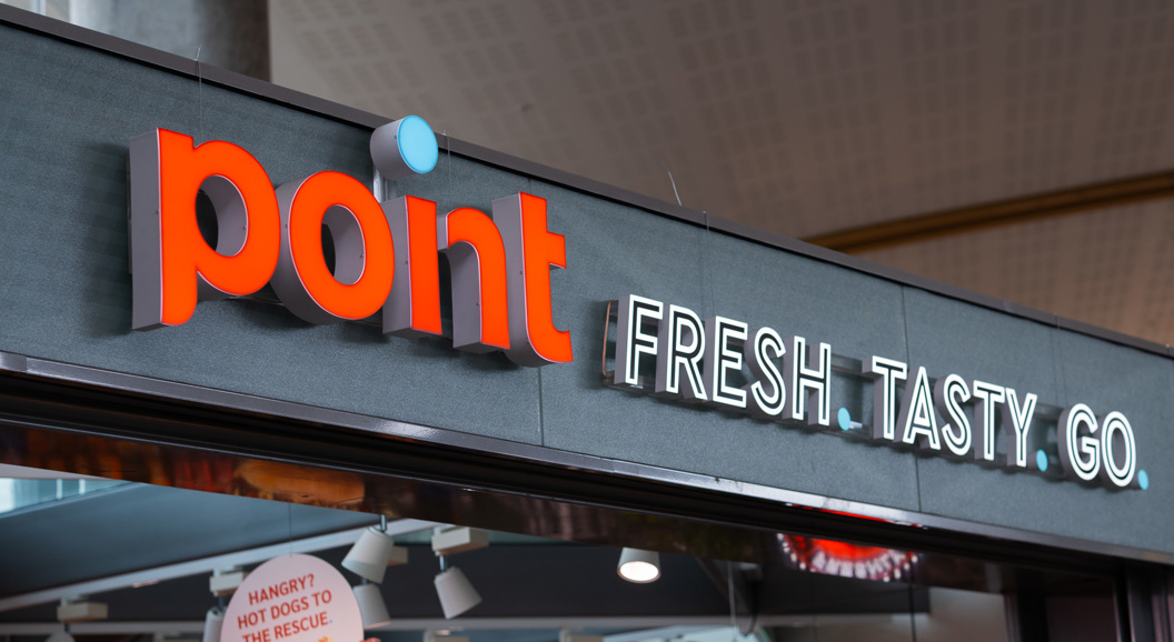 Logo for kiosken Point med teksten "Fresh. Tasty. Go