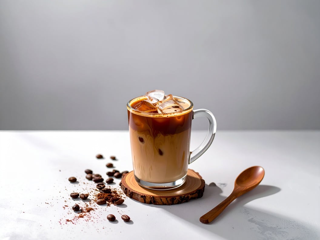 Iced coffee with a layer of milk in a clear mug on a wooden coaster, surrounded by coffee beans and powder, with a wooden spoon on a white surface