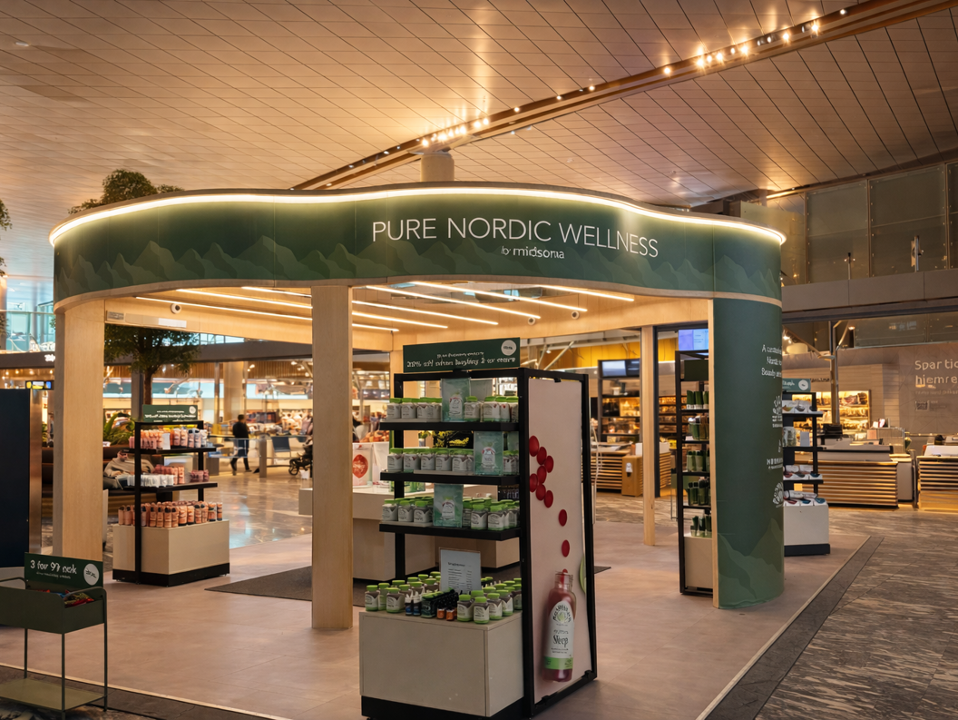 Front fasadebilde av Midsona popup med produkter i front. 