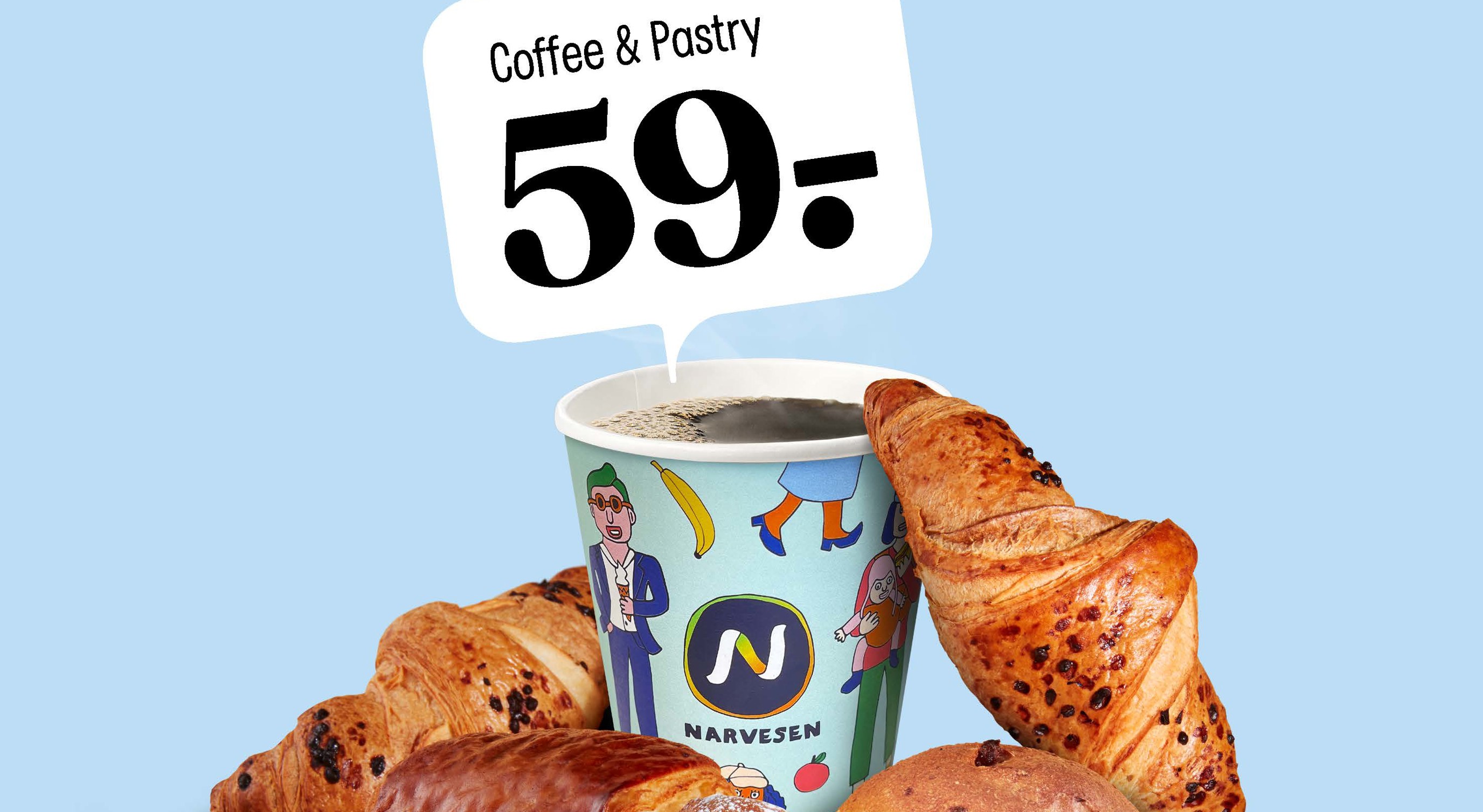 Coffee and pastry offer at Narvesen with assorted baked goods and a hot drink for 59. Bright background highlights tempting pastries and special deal