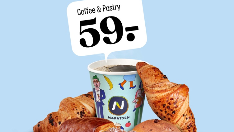 Coffee and pastry offer at Narvesen with assorted baked goods and a hot drink for 59. Bright background highlights tempting pastries and special deal