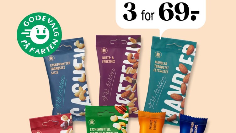 Packaging display of various nut and fruit snacks under the slogan "Grab & Go nuts," with promotional offers of 2 for 49 and 3 for 69