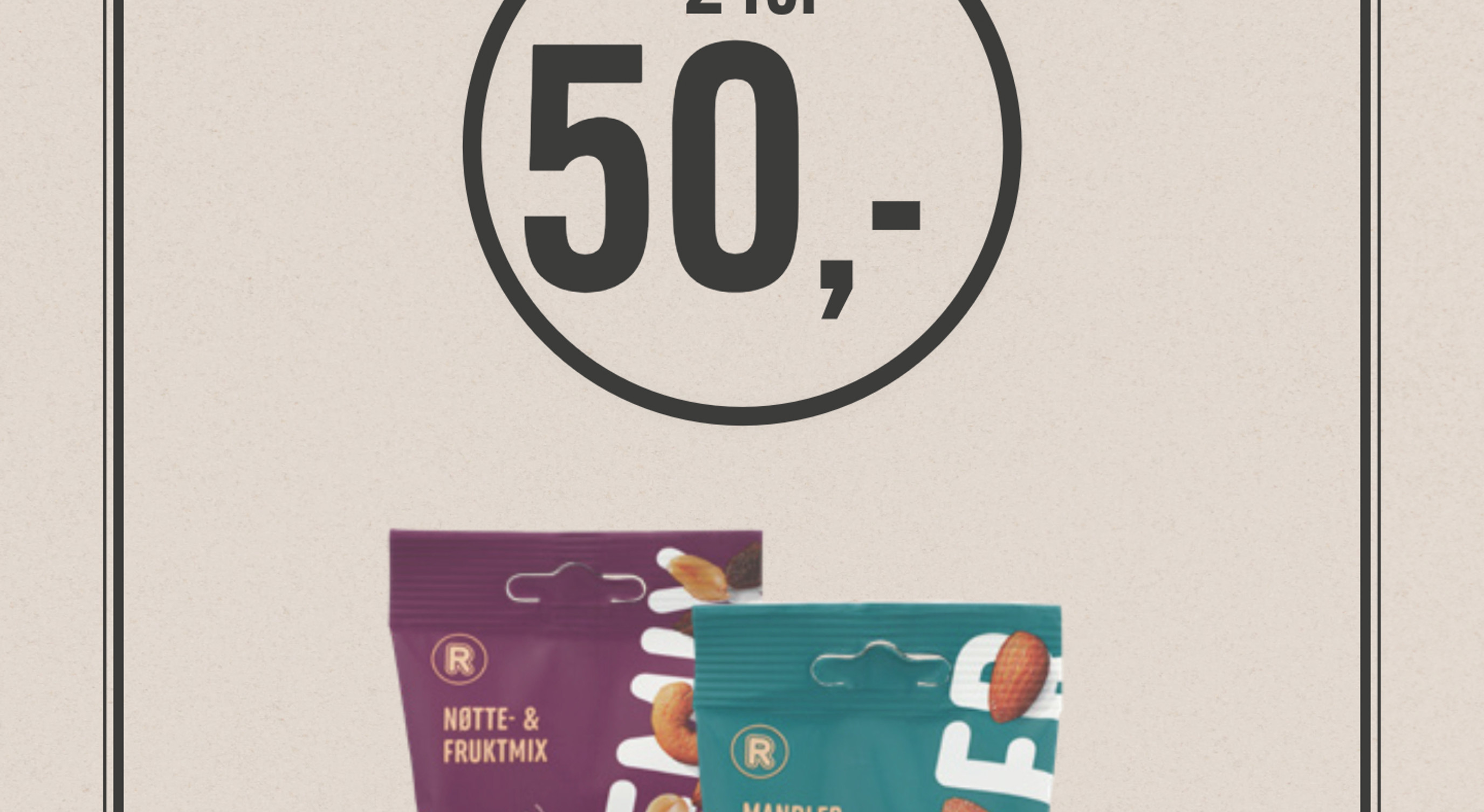 Kampanjetilbud på Northland-nøtter med to pakker assorterte nøtter, priset til 50,- for to, tilgjengelig på REMA 1000