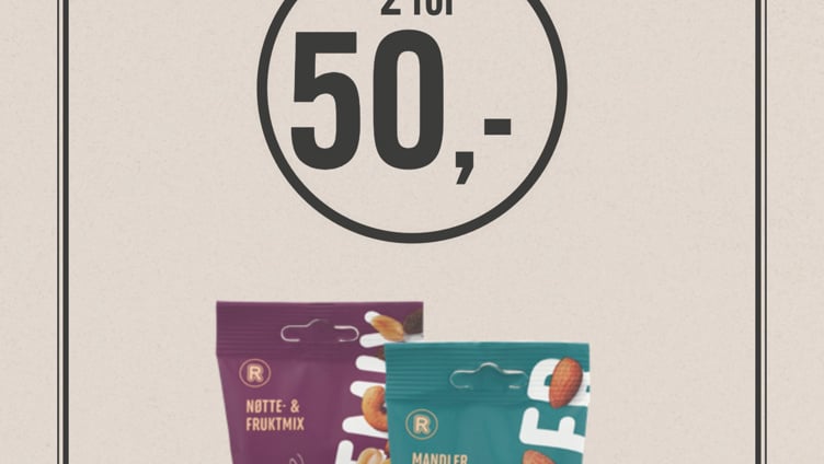 Kampanjetilbud på Northland-nøtter med to pakker assorterte nøtter, priset til 50,- for to, tilgjengelig på REMA 1000