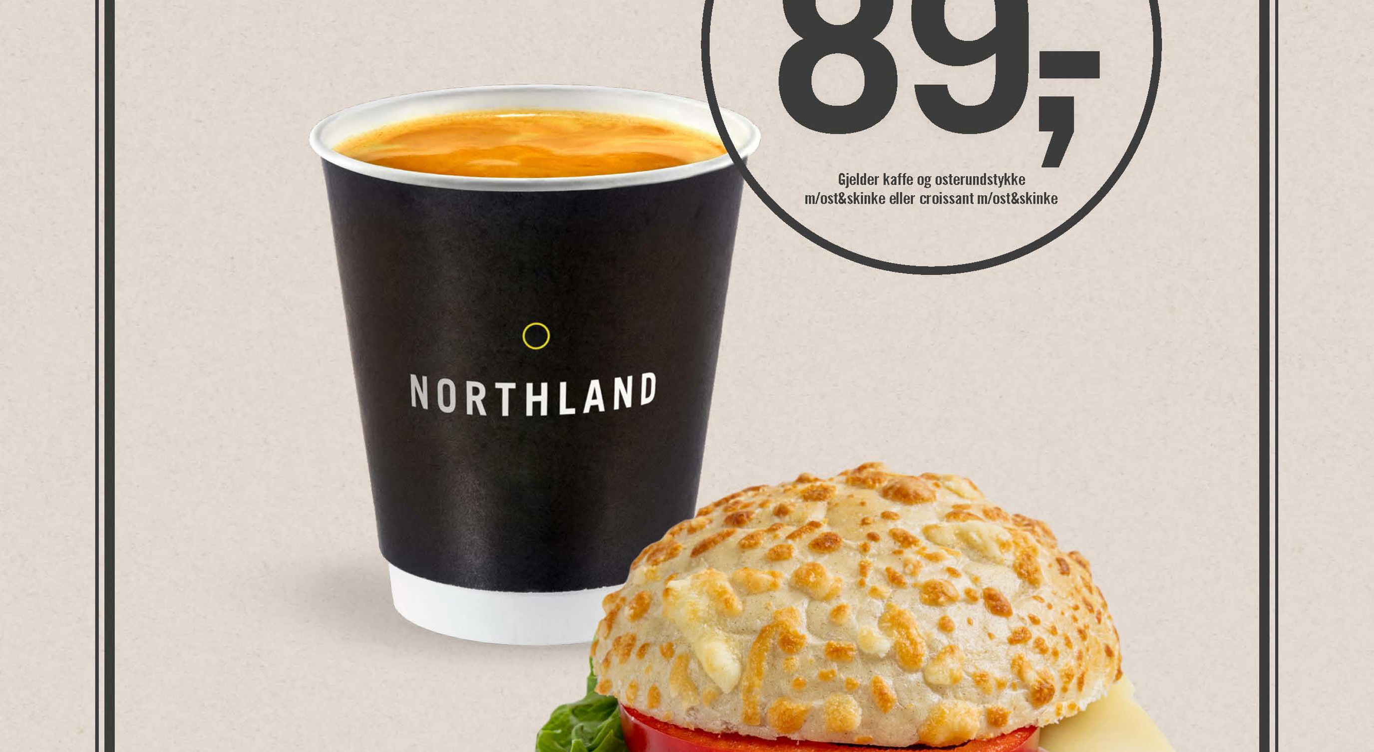 Northland kaffe og bakervarer-tilbud med en kopp kaffe, sandwich med salat, tomat og ost, og en kanelbolle for 89 kroner