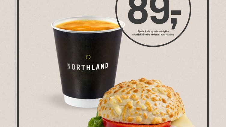 Northland kaffe og bakervarer-tilbud med en kopp kaffe, sandwich med salat, tomat og ost, og en kanelbolle for 89 kroner
