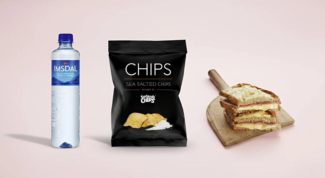 Flaske med vann, pose med potetchips og en toast med ost og skinke.