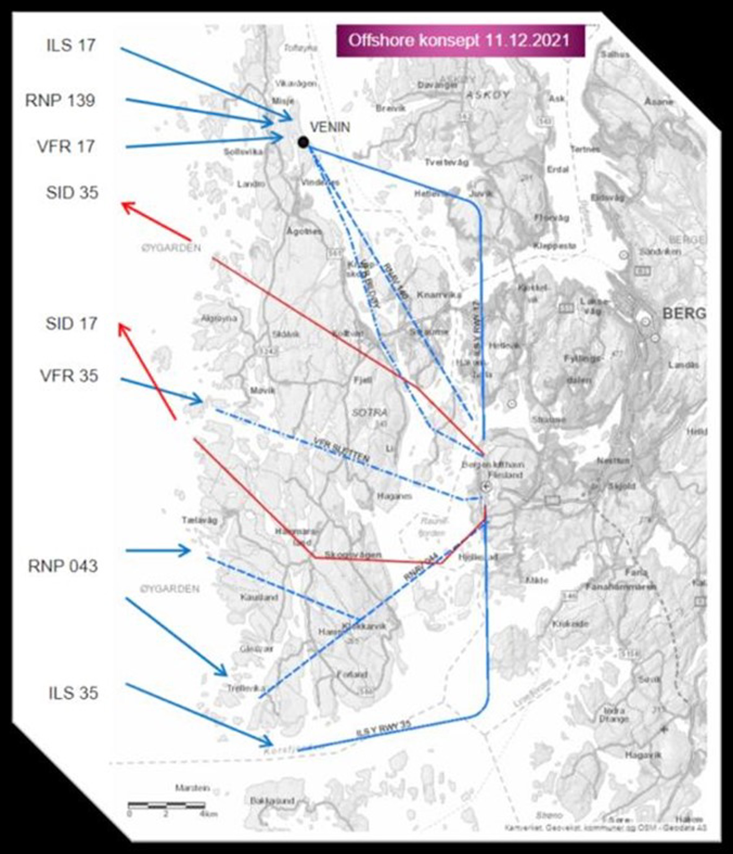 Kart som viser offshore-ruter med markerte stier og flyretninger, merket med ILS, RNP, VFR og SID identifikatorer i Norge. Datert 11. desember 2021, med viktige steder som VENIN og BERG uthevet