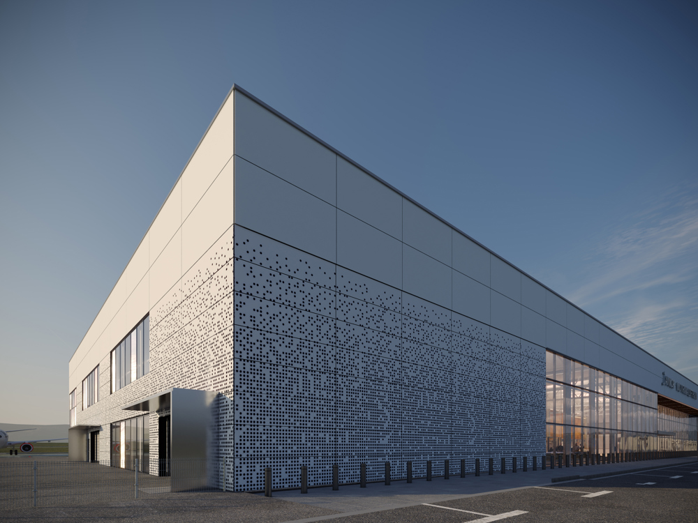 Moderne industriell bygning i metall og glass med perforerte fasader under en klar himmel. Skisser som viser hvordan lufthavnen kan bli seende ut laget av LPO arkitekter.