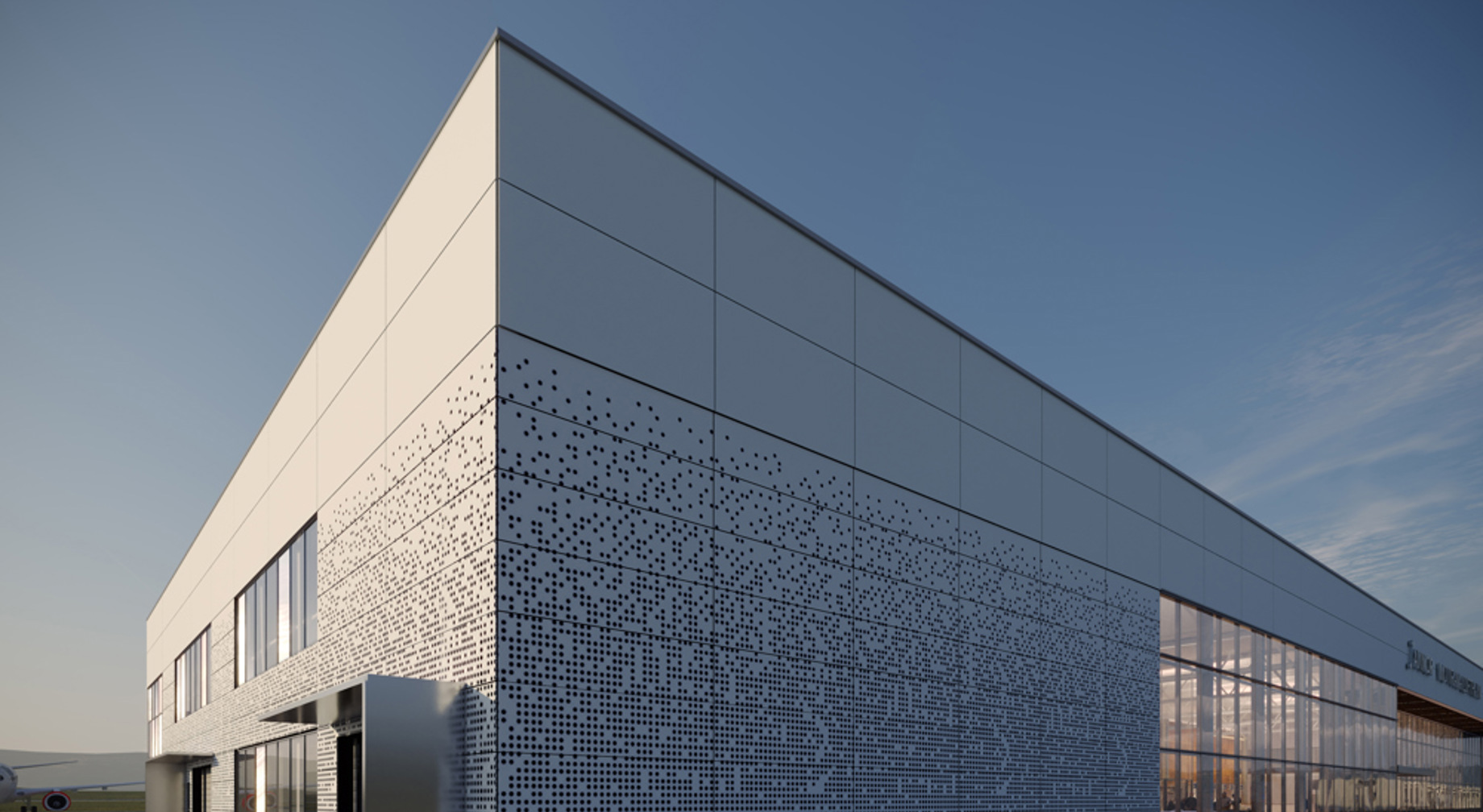 Moderne industriell bygning i metall og glass med perforerte fasader under en klar himmel. Skisser som viser hvordan lufthavnen kan bli seende ut laget av LPO arkitekter.