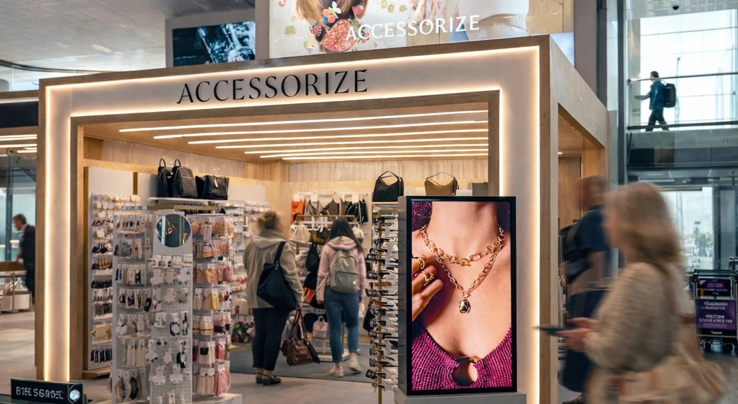 Facade image of Accessorize featuring products and a large commercial screen at the front.