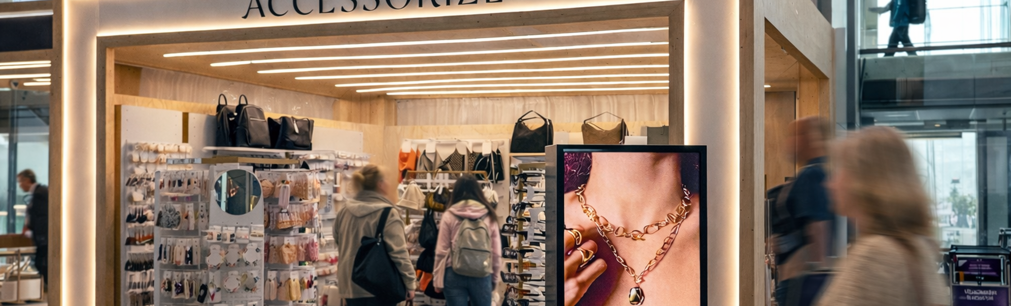 Fasadebilete av Accoessorize med produkt og ein stor skjerm i front.