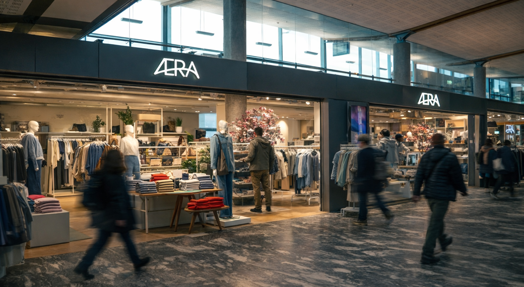 Butikkvindu av Zara Dame i et kjøpesenter, viser moderne dameklær og tilbehør i et stilfullt interiør