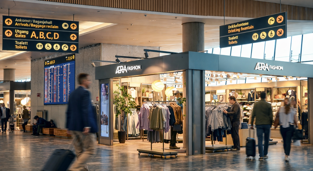 Visning av Eton-skjorter, slips og vesker i et stilfullt butikkmiljø, med pent organiserte klær og tilbehør på trehyller