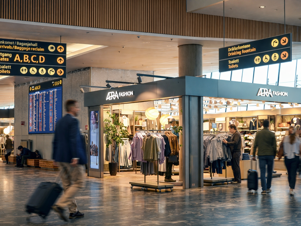 Visning av Eton-skjorter, slips og vesker i et stilfullt butikkmiljø, med pent organiserte klær og tilbehør på trehyller