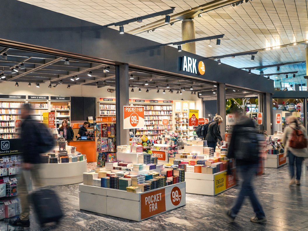 Kvinne med langt blondt hår ser på fargerike barnebøker i ein bokhandel, plassert på grøne hyller med etikettar for aldrar 9 til 12 år