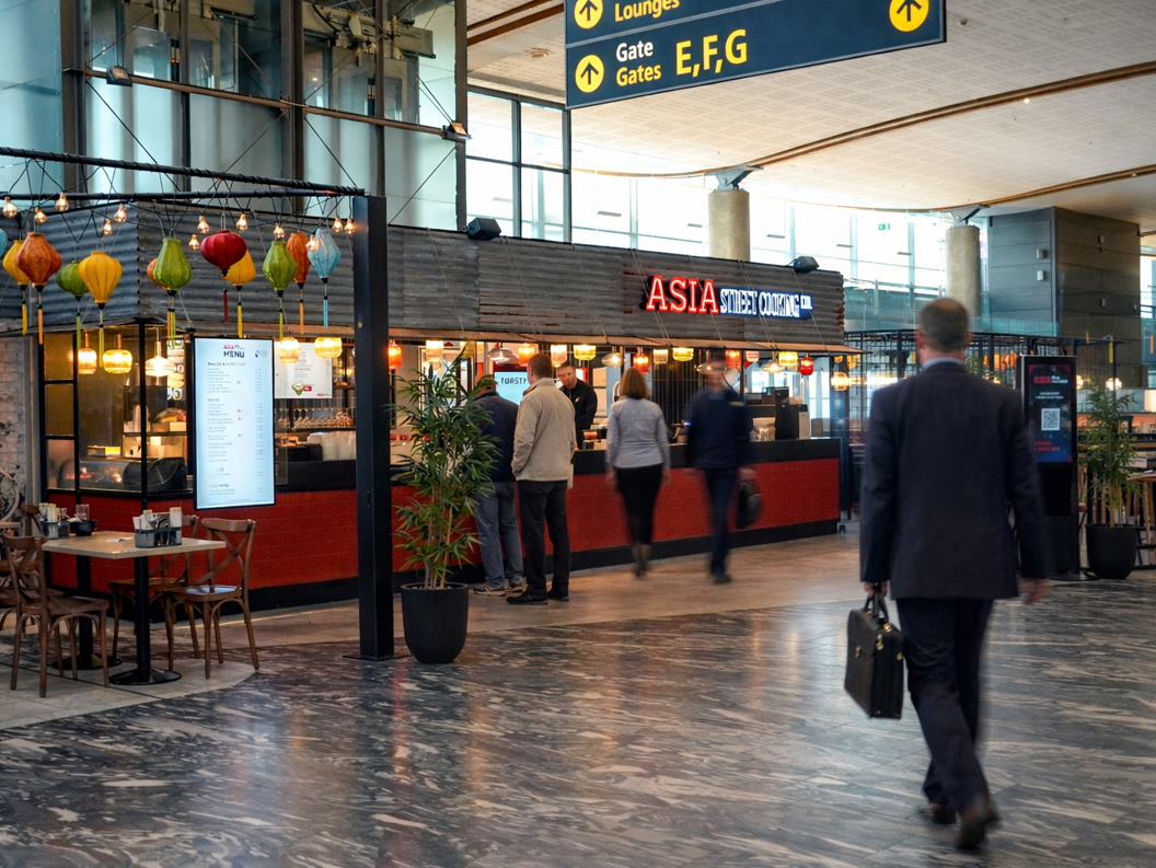 Asiatisk gatekjøkken med fargerike lamper og tydelig skilt, interiørdetaljer med moderne design