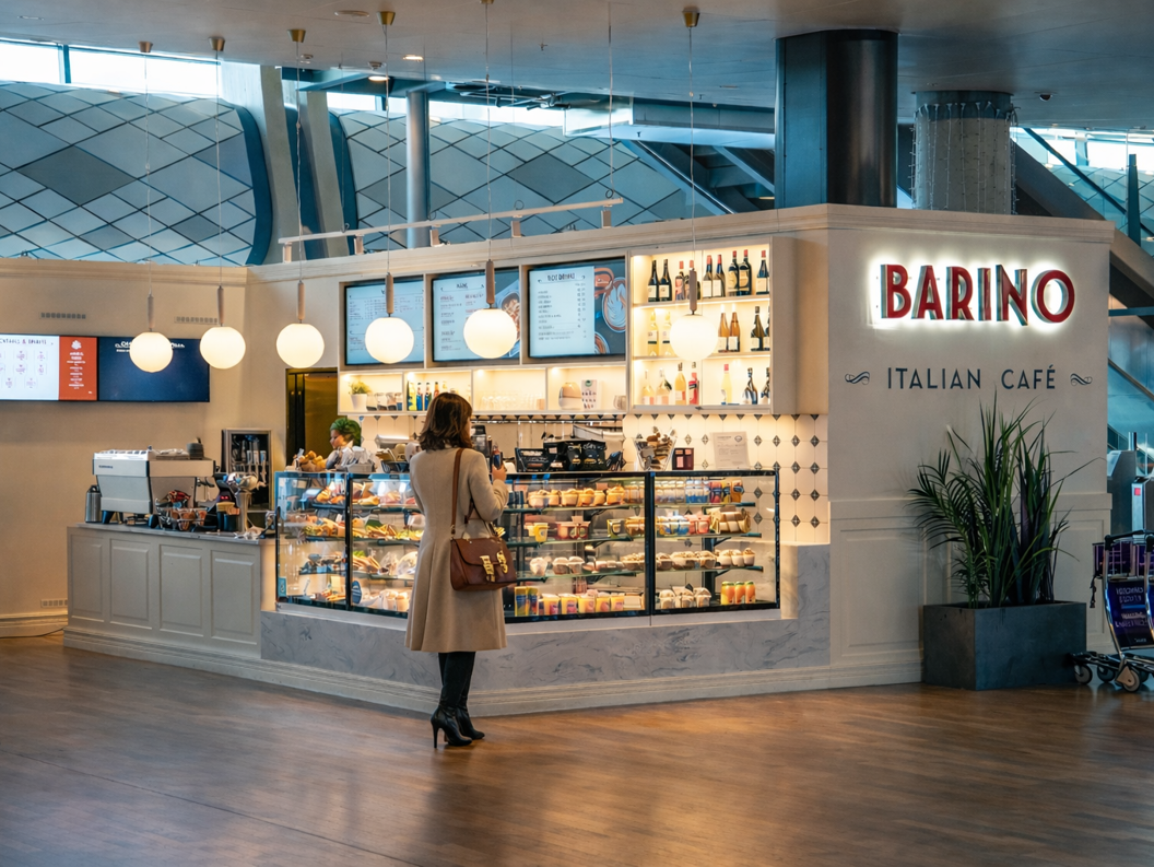 Restaurant Barino i moderne bygning med runde lampeformasjoner, dekorert med bilete på veggen, og med glasvindauge som slepp inn naturleg lys