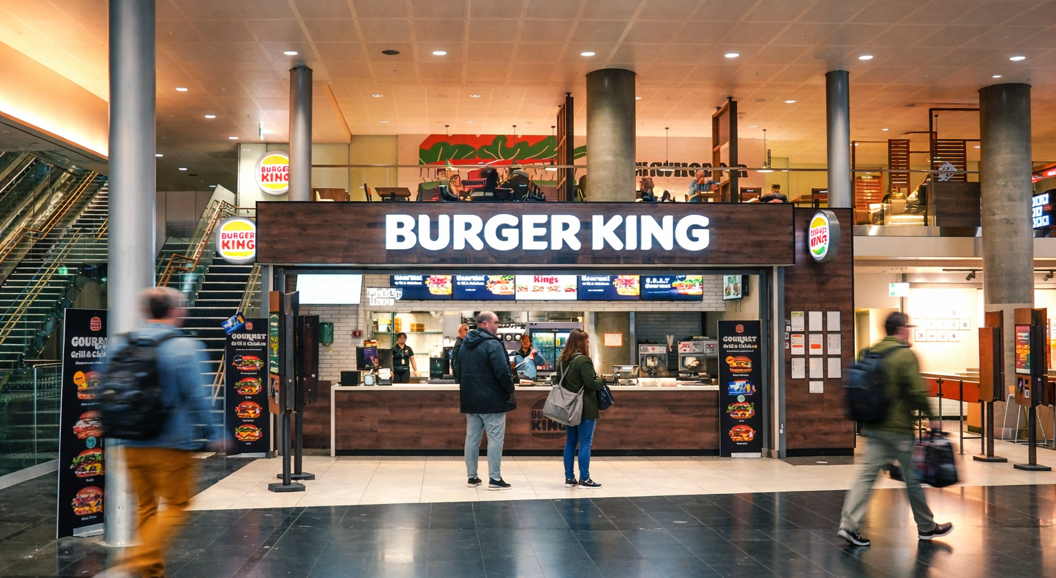Juicy hamburger on sesame seed bun with lettuce, tomato, onion, and pickles, placed on a wooden board