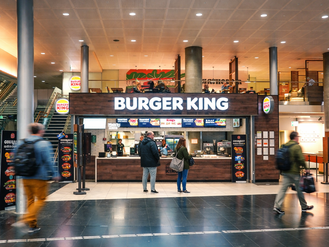 Saftig hamburger på sesamfrøbrød med salat, tomat, løk og sylteagurker, plassert på en treplate