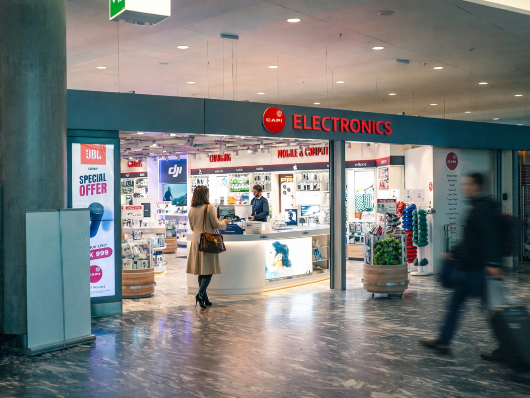 Store employee assisting a customer at a Capi electronics retail counter, surrounded by tech gadgets and souvenirs