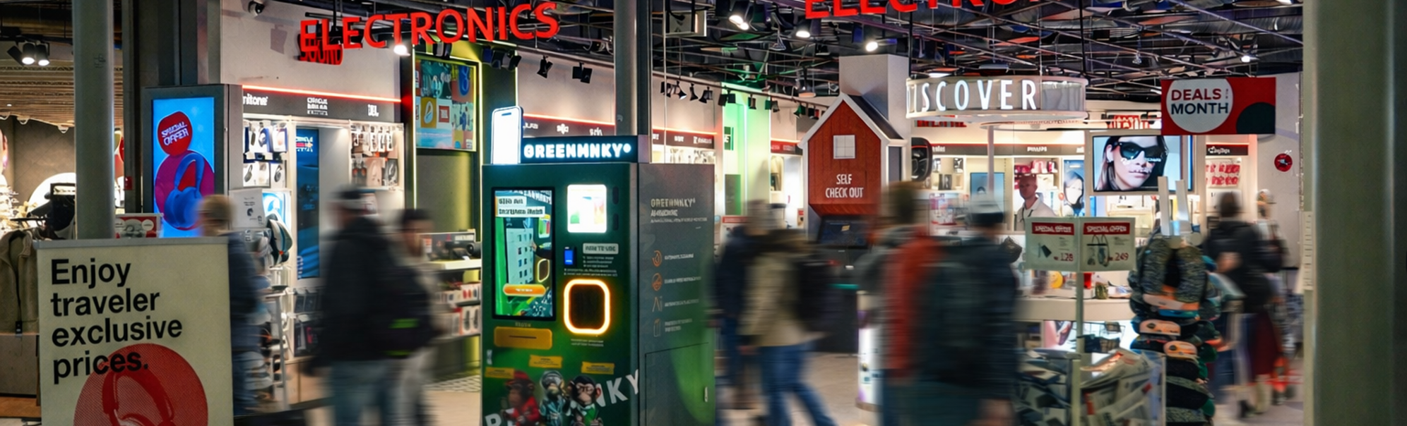 Store employee assisting a customer at a CAPI electronics retail display, featuring tech gadgets and accessories, in a brightly lit setting